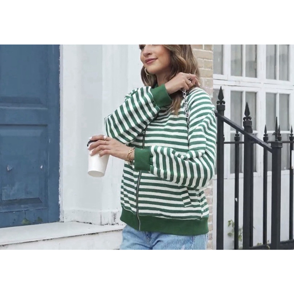Dokotoo Woman’s Striped Zip Up Jacket•Green/White•Collared Sweater• Size LG•NWT - Picture 2 of 11